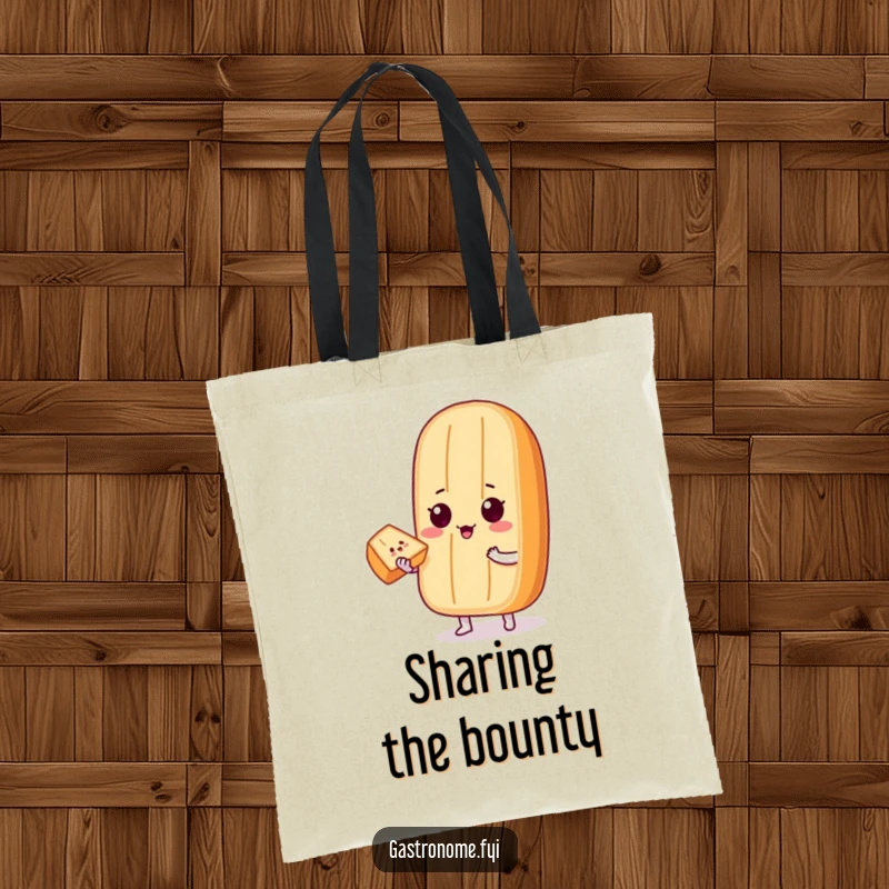Funny Tote Bag: A proud baguette character offers a perfect slice of bread, perfect for carrying essentials with a funny, foodie flair.